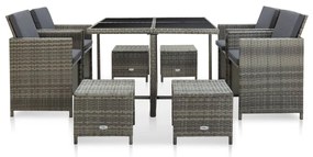 vidaXL 9-részes szürke kültéri polyrattan étkezőszett párnákkal