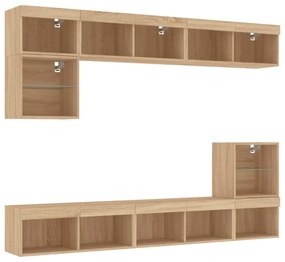 8 darab füstös tölgy színű szerelt fa TV-bútor LED-del