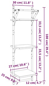 2 db 3 szintes szürke sonoma fali polc rúddal 30 x 25 x 100 cm