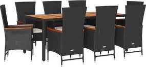 vidaXL 9 részes fekete polyrattan kerti étkezőgarnitúra párnákkal