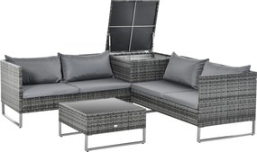 Outsunny 4 darabos rattan kerti bútor szett 2 dupla kanapéval, középső asztallal és tároló rekesszel, levehető párnákkal kültéri teraszra 132x69x64 cm