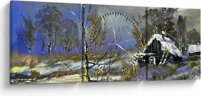 Téli tájon lévő házikó képe, olajfestmény (órával) (90x30 cm)