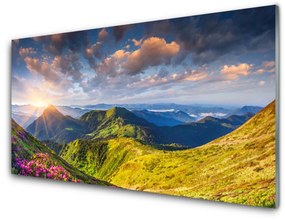 Fali üvegkép Sun Mountain Meadow Landscape 140x70 cm