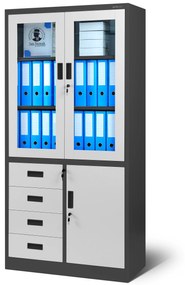 Fém iratszekrény vitrinnel és fiókokkal WIOLA, 900 x 1850 x 400 mm, antracit-fehér