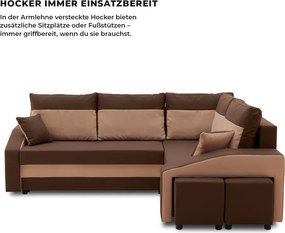 Grande sarokkanapé polcokkal és puffokkal , polc a bal karfaban puffok a jobb karfaban, jobboldali, szövet anyag, hab töltet, barna