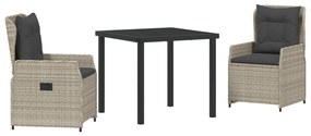 3 Darab Kert Étkező Készlet Világosszürke Poli Rattan, Asztal Fekete 80x80x73 cm Edzett Üveg