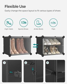 Cipős szekrény, 10 rekeszes moduláris tárolóegység, 32 x 165 x 125 cm, fekete