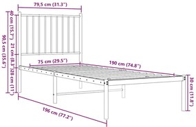 fekete fém ágykeret fejtámlával 75 x 190 cm