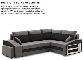 Grande sarokkanapé polcokkal és puffokkal , polc a jobb karfaban puffok a bal karfaban, jobboldali, szövet anyag, hab töltet, szürke - fekete