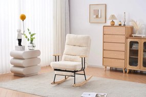 Hintaszék fa lábakkal, plüss szövettel, 4 fokozatban állítható háttámlával,  krémfehér