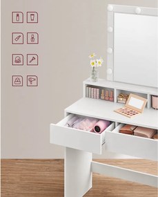 Fésülködőasztal, sminkasztal tükörrel fiókokkal, fehér 80x40x145cm