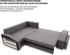 Grande sarokkanapé polcokkal és puffokkal , polc a bal karfaban puffok a jobb karfaban, baloldali, szövet anyag, hab töltet, szürke - fekete