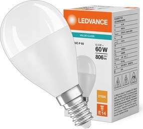 Led izzó P45 E14 6,5W 60W 806lm 2700K Meleg fehér Ledvance
