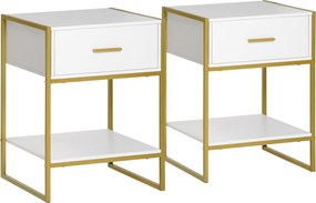 HOMCOM 2 db Modern Éjjeli Szék, 2 Éjjeli Szék a Hálószobába és Nappaliba, Fiókkal és Nyitott Polccal, Modern Dizájn, MDF és Acél, 45x40x60cm, Fehér és