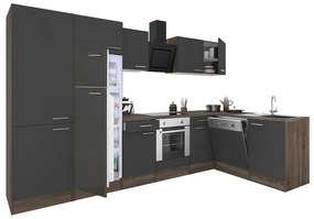 Yorki 340 sarok konyhabútor yorki tölgy korpusz,selyemfényű antracit front alsó sütős elemmel polcos szekrénnyel, felülfagyasztós hűtős szekrénnyel