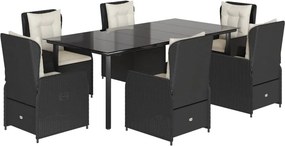 vidaXL 7 részes fekete polyrattan kerti étkezőgarnitúra párnával