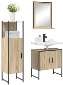 3 darabos Fürdőszoba Bútor Szett Sonoma tölgy Műanyag, Fürdőszoba Tükör Polccal Sonoma tölgy 50x12x60 cm Műanyag