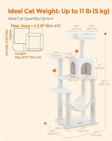 Macska kaparófa, 143 cm-es többszintes plüss macska torony, krémfehér