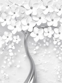Fotótapéta Ezüst fa fehér virágokkal finom 206x275 +ragasztó