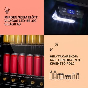 Klarstein Beersafe 5XL, hűtőszekrény, 147 liter, 3 polc, panoráma üvegajtó, rozsdamentes acél