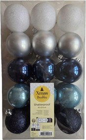 Törhetetlen karácsonyfadísz gömb szett, műanyag, 30 darab, 6 cm, kék