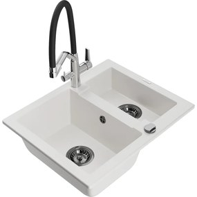 Mexen Carlos 1,5-medencés gránit mosogató Duo konyhai csappal, fehér - 6518-20-671701-07-B