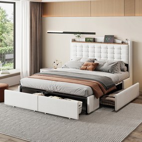 Kárpitozott ágy Franciaágy 140*200 cm Usb 4 fiókos Len bézs