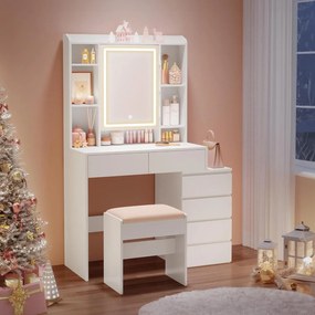 Sminkasztal led-világítással, székkel, felhőfehér színben
