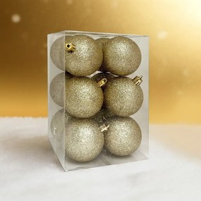 Arany glitteres műanyag karácsonyi gömb szett 12 × 6 cm 12 db
