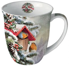 Karácsonyi porcelán bögre 400 ml vörösbegy House with robins