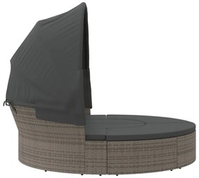 Szürke polyrattan kültéri napozóágy napellenzővel és párnákkal