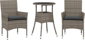 vidaXL 3 részes szürke polyrattan/üveg kerti étkezőgarnitúra párnával