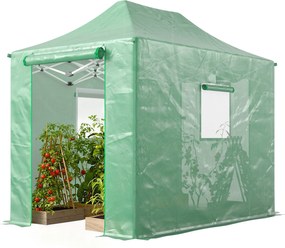 Outsunny összehajtható pop-up üvegház, 295 × 200 × 270 cm (PE polytunnel), nyeregtető, felhúzható cipzáras ajtók és szúnyoghálós ablakok — zöld | Aoso