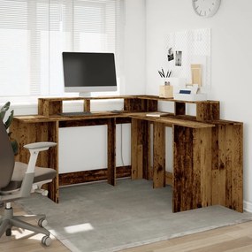 antik fa színű szerelt fa íróasztal LED-ekkel 152 x 152 x 91 cm