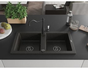 Mexen Mario, gránit mosogató 820x436x161 mm, 2-kamrás és mosogató csaptelep Carla, fekete-arany metál, 6504-75-670700-70-B