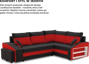 Grande sarokkanapé polcokkal és puffokkal , polc a jobb karfaban puffok a bal karfaban, jobboldali, szövet anyag, bonell töltet, fekete - piros