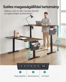 Elektromosan állítható íróasztal, 160 x 70 cm, 72–120 cm, 4 memóriahellyel, vintage barna/fekete