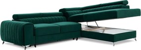 Zöld bársony kinyitható-tárolóhelyes sarokkanapé (jobb oldali-L alakú) Laurence – ELTAP