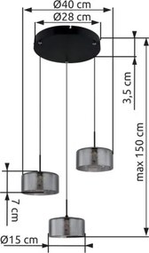 Globo 15634-3 Függeszték fekete matt fém, füstszínű üveg, tiszta akril, fekete PVC kábel, magassága rövidíthető, ø: 400mm, M: 1500mm, LED 24W 230V, 2800lm forrás, 1600lm kimenet, 4000K