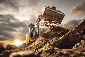 Illusztráció Excavator scooping dirt in front of a dramatic sky, photoschmidt