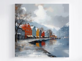 Poszter Norvégia Hegyek Bergen Bérházak Fjord Tél 80x80