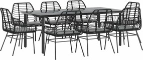 vidaXL 9 részes fekete polyrattan üveg kerti étkezőgarnitúra párnákkal