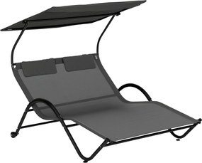 Outsunny Dupla Fekvőfotel Kerekekkel, Párnázott Fejtámlával és Napernyővel, 200x137x138 cm, Sötétszürke | Aosom