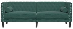 3 személyes sötétzöld bársony Chesterfield kanapé párnákkal