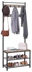 Előszoba fogas polccal, akasztókkal, cipőtartóval és ülőkével, greige 70x32x175cm