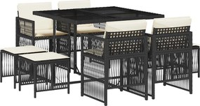 vidaXL 9 részes fekete polyrattan kerti étkezőgarnitúra párnákkal