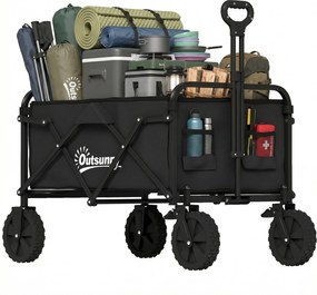 Outsunny összecsukható strandkocsi zárható nagy kerekekkel, állítható fogantyúval, pohártartóval, fémvázzal — 80 kg teherbírás, fekete | Aosom