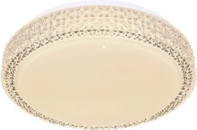 Globo 41749-12 Mennyezeti lámpa fehér váz, akril fehér búra, akril-kristály és sparkle effekt dekorral. Fali kapcsolóról 3 lépésben színhőmérsékletváltós. Ø:260, H:80, tartozék: 1xLED 12W 230V, 980lm, CCT 3.000-4500-6.500