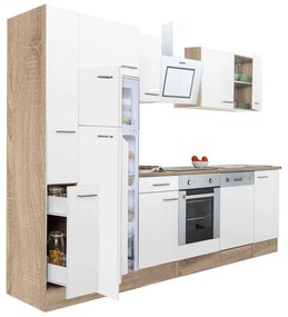 Yorki 310 konyhablokk sonoma tölgy korpusz,selyemfényű fehér front alsó sütős elemmel felülfagyasztós hűtős szekrénnyel