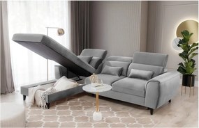 Szürke bársony kinyitható-tárolóhelyes sarokkanapé (bal oldali-heverő résszel) Foble – ELTAP